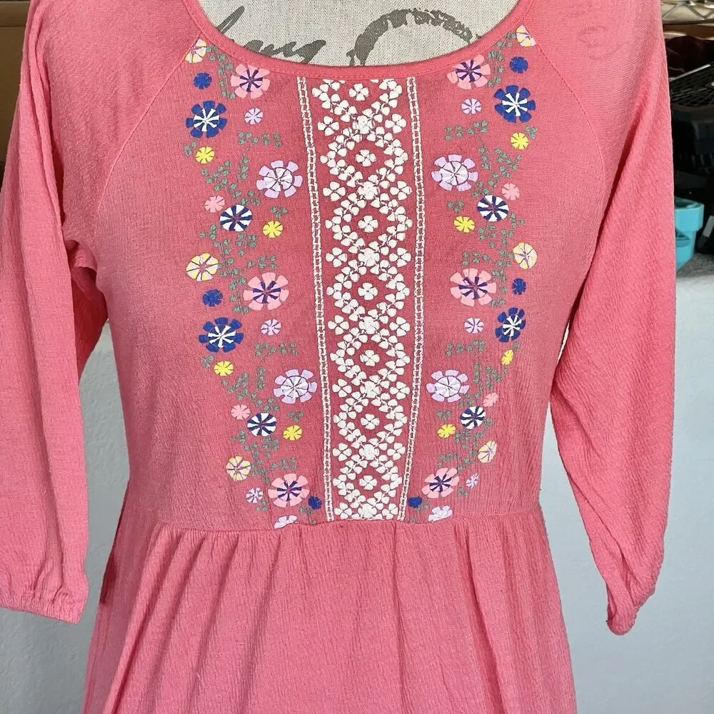 Old Navy Dress Girls Sz Large Sz 10-12 Flowers Pink Salmon Embroidery Spring